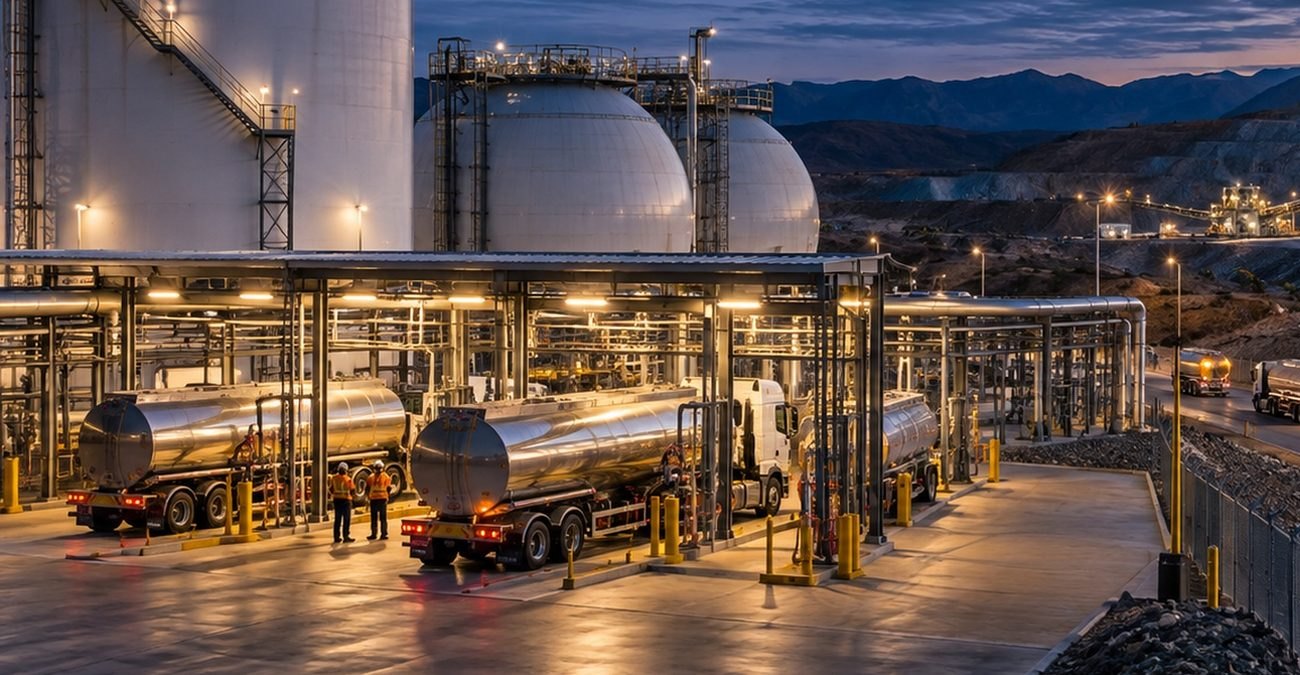 Fuel storage tanks and tankers at dusk